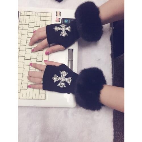 Autumn and winter womens Velvet rhinestones arm sleeve semi-finger gloves female mitring sleeves knitted fur gloves