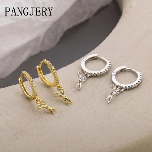 Pangjery Prevent Allergy 925 Sterling Silver Earrings for Women Chic Mini Scissors Micro Pave Zircon Circle Party Jewelry Gifts