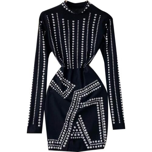 Spring and Autumn New Womens Fashion Design Sense Hot Rhinestone Sexy Bag Hip Dress Women