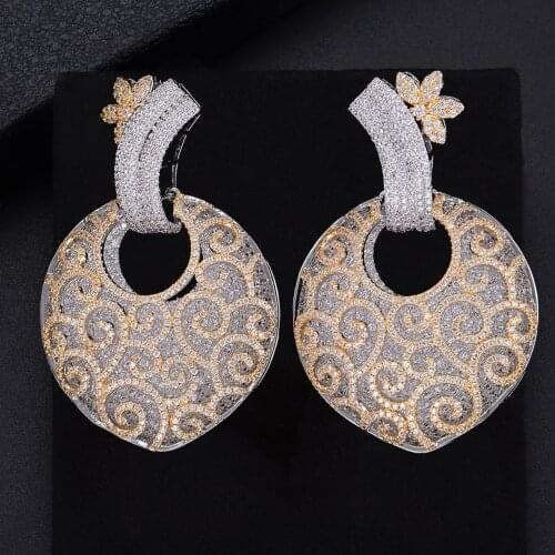 61mm Luxury Geometry Hollow Shape Flower Pierced Full Cubic Zirconia Dangle Earings Women Wedding Bridal Jewelry