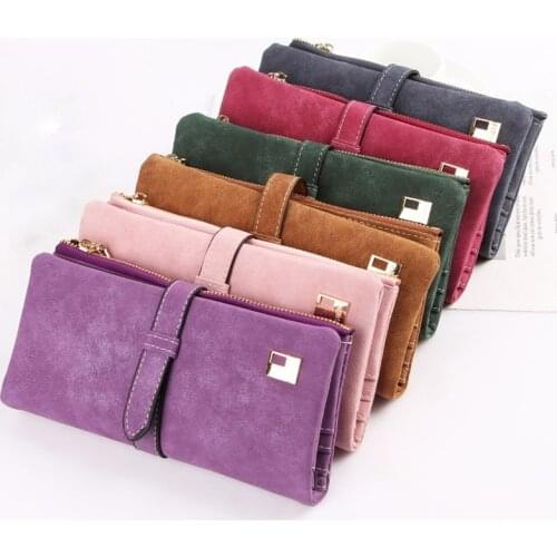 Famous Brand Long Purse Two Fold Women Wallets Drawstring Nubuck Leather Zipper Suede Wallet Ladies carteira Feminina Clutch Bag