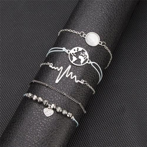 Miss JQ Bohemian World Map Charm Bracelets Bangles For Women Fashion Silver Color Heart pendant Bracelets Sets Party Jewelry