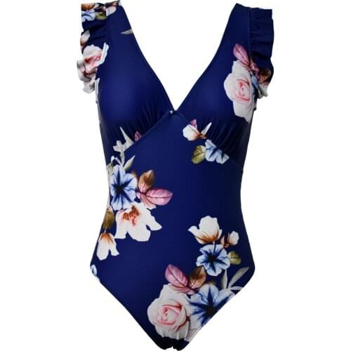 VECENEY Falbala Flounce Ruffles at Front Back One Piece Swimsuit Monokini Swimsuit, Blue
