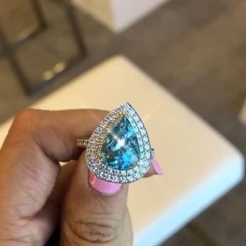 Hot Selling Luxury Blue Color Pear 925 Sterling Silver Engagement Ring Africa For Women Lady Anniversary Gift Jewelry R5411