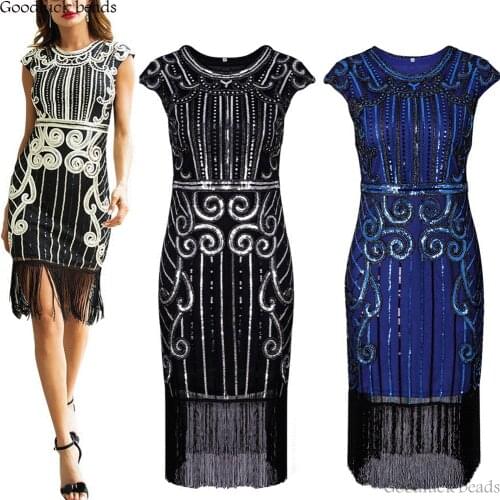 Women 1920s Retro Hand Knitting Sequins Tassel Dresses O-Neck Cap Sleeve Fringe Party Midi Vestidos Verano 2019 Summer Dress