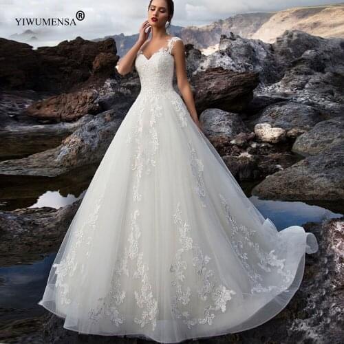 B92 Vestidos De Novia V Neck Appliques Princess Dresses For Women Lace Up Ball Gown Wedding Dress Boho White Vintage Bridal Gown