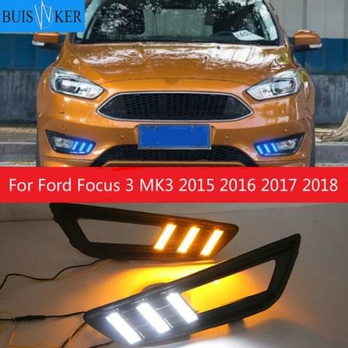 2PCS LED Daytime Running Light For Ford Focus 3 MK3 2015 2016 2017 2018 Yellow Turn Signal Function Waterproof 12V Car DRL Lamp
