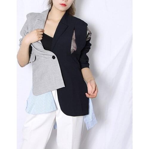 2021 New Patchwork Casual Blazers Notched Long Sleeve Tunic Hit Color Asymmetrical Coats Female 2021 Autumn Clothes Tide