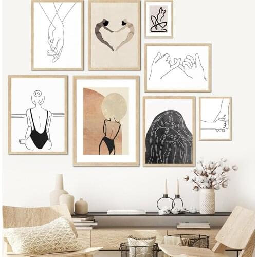 Abstract Line Woman Heart Hand In Hand Wall Art Canvas Painting Nordic Posters And Prints Wall Pictures For Living Room Decor