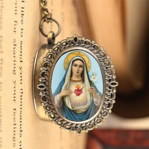 Elegant Immaculate Heart of Mary Necklace Pocket Watch Retro Bronze Full Hunter Souvenir Pendant Clock Gifts for Lady Women relo