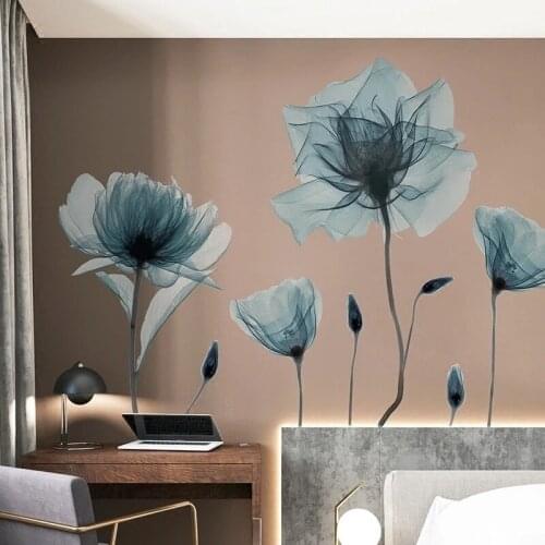Elegant blue Lotus Wall Stickers Flowers Home Living Room TV Background Wall Decals Teenager Bedroom Decor Wallpaper DIY Room