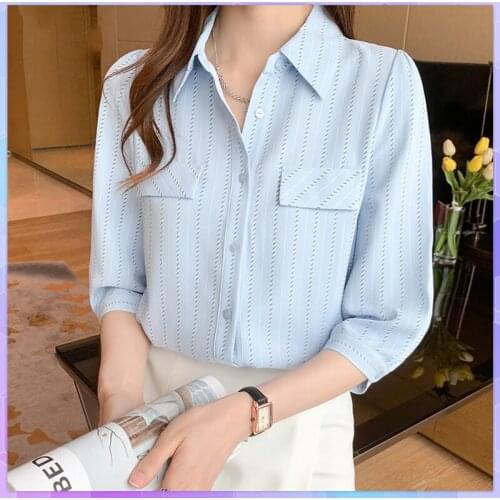 Summer Oversized T-shirt Ladies Chiffon Shirt Short Sleeve Top Striped Womens Tee Shirt Lace Thin Office Lady Tops Female