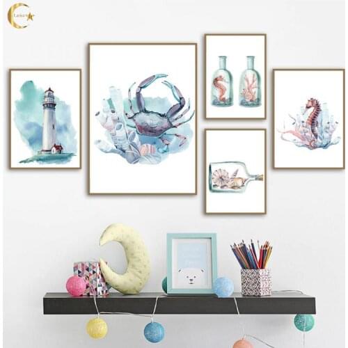 Mountain Lighthouse Sea Crab Landscape Canvas Painting Nostalgic Poster Wall Art Print Scandinavian Picture Home Decoration