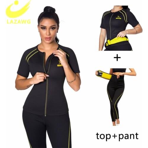LAZAWG Waist Trainer Shirt and Pants Women Sweat Sauna Suits Neoprene Body Shaper Tummy Weigt Loss Shapewear Slimming Corset Top