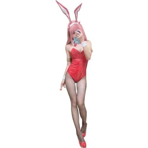 Halloween Anime DARLING in the FRANXX CODE002 Zero Two Bunny Girl Cosplay Costume Wig Sexy Women Jumpsuit Red Leather Suit