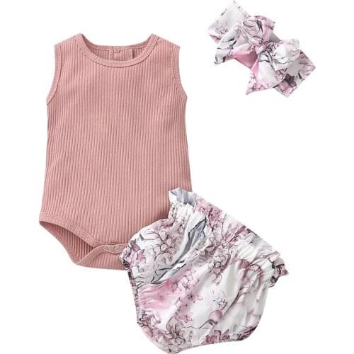 Summer Casual Baby Girl Clothes Set Cool Breathable Solid color vest Flowers Shorts Headband Cute Infant Newborn Outfits Suit