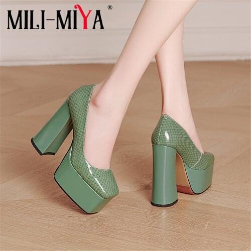 MILI-MIYA Sexy Super High Thick Heels Women Cow Patent Leather Pumps Solid Color Square Toe Fashion Platform Dress Party Shoes
