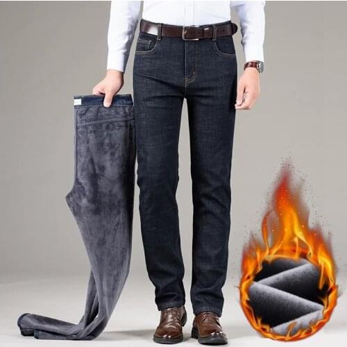 Plus Velvet Thickening 2021 Winter New Mens Warm Thick Business Jeans Classic Cotton Straight-leg Jeans Mens Brand Trousers