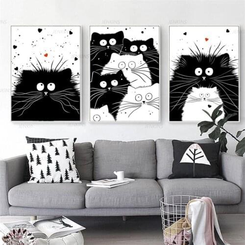 Wall Art Nordic Black White Kawaii Cat Modular Painting Animal Canvas Print Poster Quotes Picture Home Decor Bedside Background