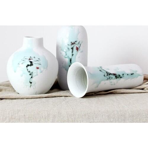 Uneven Glazed Artistic Ceramic Porcelain Tabletop Vase Collection Set (3 Pcs) with Hand-painted Lotus Painting Design G950412