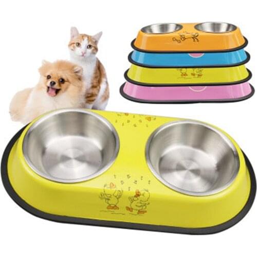 Non-slip Stainless Steel Pet Dog Cat Double Bowl Puppy Eating Feeder Dish Bowel Food Container Water Bowls Drinking Dish Feeder