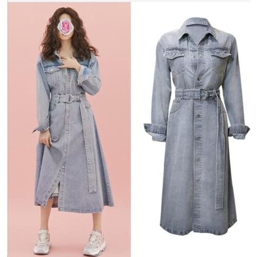 Autumn and winter new song Huiqiao same light blue denim make old bandage waist show thin medium length dress