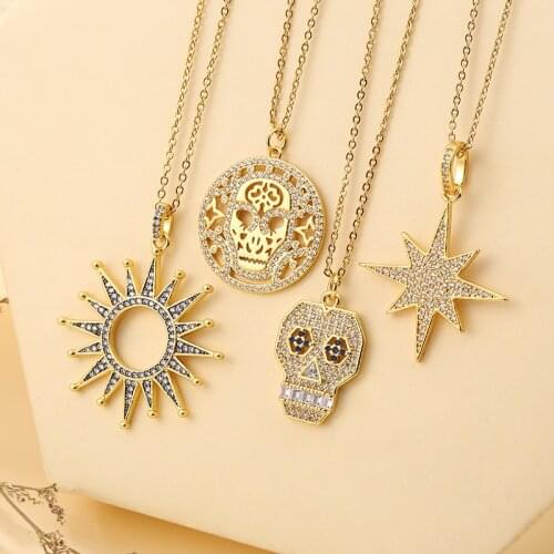 Punk Stainless Steel Chain Copper Zircon Skull Sun Six-pointed Star Pendant Necklace For Women Man Street Hip Hop Jewelry