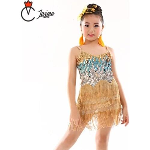 Latin Dress for Girls Children Dance Dress One Piece Latin Dresses for Girls Fringe Ballroom Sequins fit for 8-14 Years old