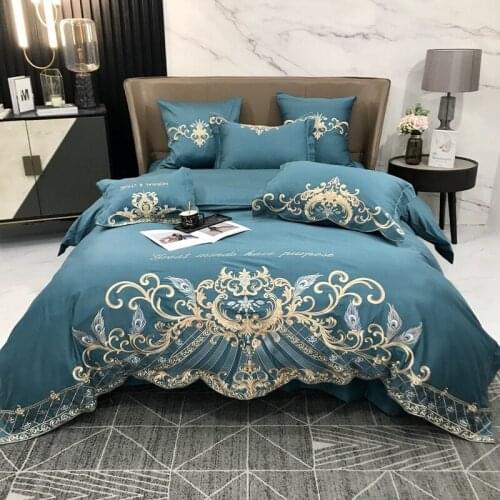 Luxury Egyptian Cotton Blue Bedding set Premium Embroidery US Queen King size 4PCS Duvet cover Bed Sheet Pillow shams