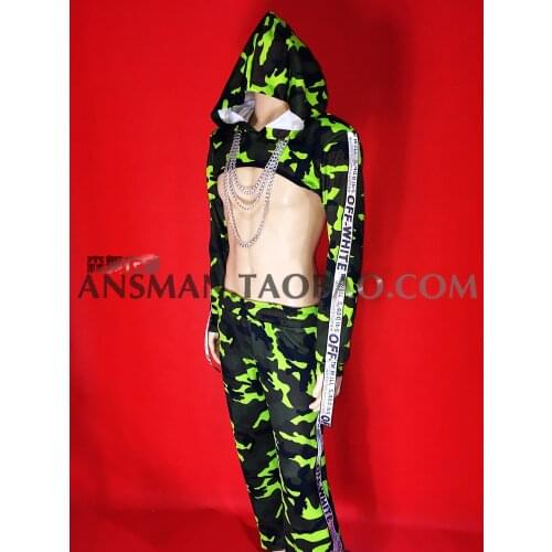 Nightclub Bar Party Male Singer Sexy Camouflage Ribbon Hollow Hoodie Military Uniform Costume Carnival Party Same Sex