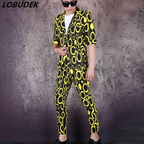 Tide Men Nightclub Performance Suits Yellow Dots Pattern Short Sleeve Blazer Pants 2 Pieces Summer Slim Set Singer Host Costumes
