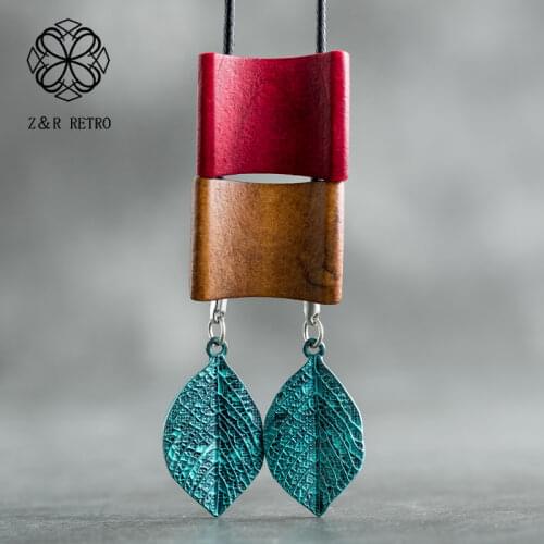 Vintage Women Necklaces & Pendants Color Wooden Beads Leaves Plant Pendant Handmade Jewelry Necklace Rope Sweater Chain Necklace