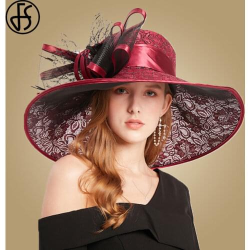 FS White Fedora Hat Women Large Brim Elegant Church Feather Hat Summer Big Flowers Wide Organza Hats Sun Kentucky Derby Hat