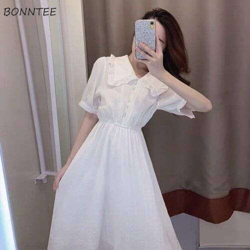 Dresses Womens Peter Pan Collar Simple Ladies White Summer All-match Trendy Japanese Style Students Solid Elegant Slim Leisure