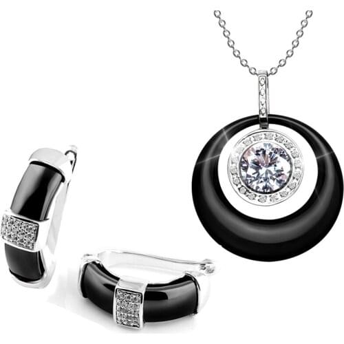 Female Jewelry Set Personality Style Ceramic Earrings & Necklaces Pendants With Sliver Crystal For Women Ladies Anniversary Gift