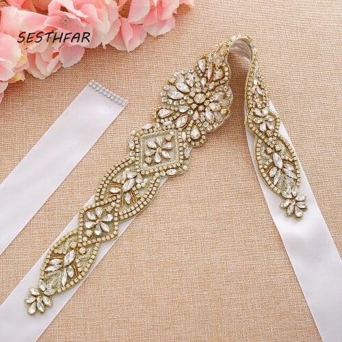 SESTHFAR Bridal Belt Pearl Wedding Belt Gold Rhinestones Crystal Bridal Dress Sash For Wedding Accessories