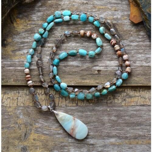 Women Necklace Random Shape Labradorite Onyx Amazonite Pendant Necklace Women Lariat Beads Knotted Bohemi Necklace Dropship