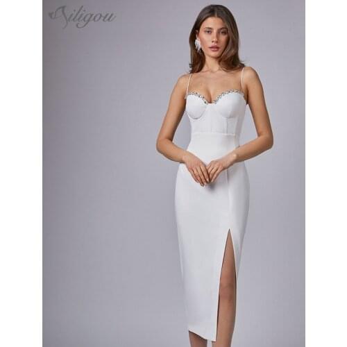 Ailigou 2021 New Summer White Spaghetti Strap Womens Sexy V-neck Diamond Crystal Midi Bandage Club Celebrity Runway Party Dress