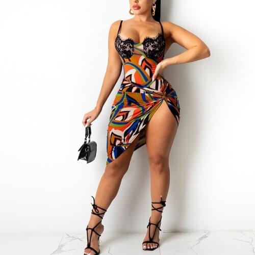 Women Dress V-Neck High Street Spaghetti Strap Lace Insert Twist Slit Bodycon Party Club Dress 2021 Summer