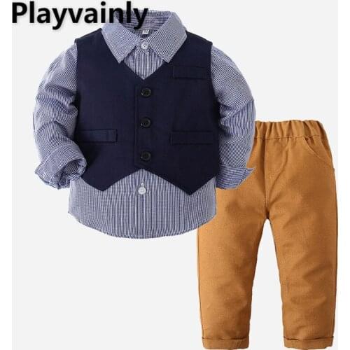 2021 Baby Boy Sets Bow Tie Long Sleeve Cotton Shirt+vest+Casual Pants 3pcs Suit Boy Clothes E20723