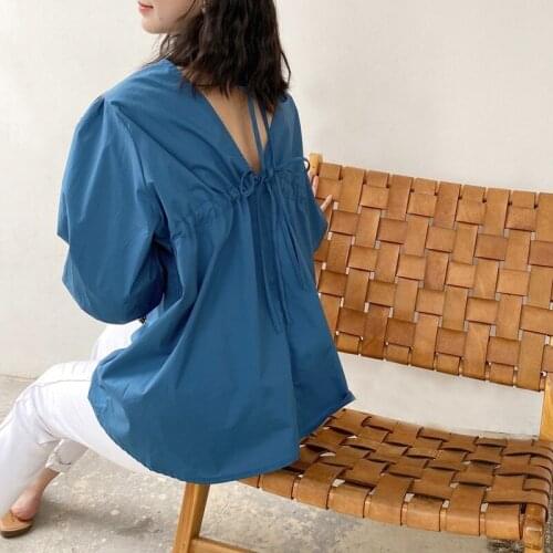 2021 Summer New Chic Korean Style Solid Blouse O Neck Backless Lace-up Puff Sleeve Women Shirts Loose Casual Blusas De Mujer