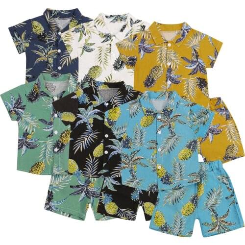 Kids Summer Clothes Gentlemen Suit Pineapple Print Turn-Down Collar Short Sleeve Shirt+ Shorts Set for Boys 6 Months-5 Years