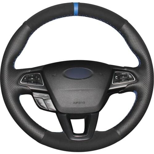 DIY Customize Braiding Black Natural Leather Black Suede Blue Marker Steering Wheel Cover For Ford Focus 3 2015 -2018 Kuga 2016