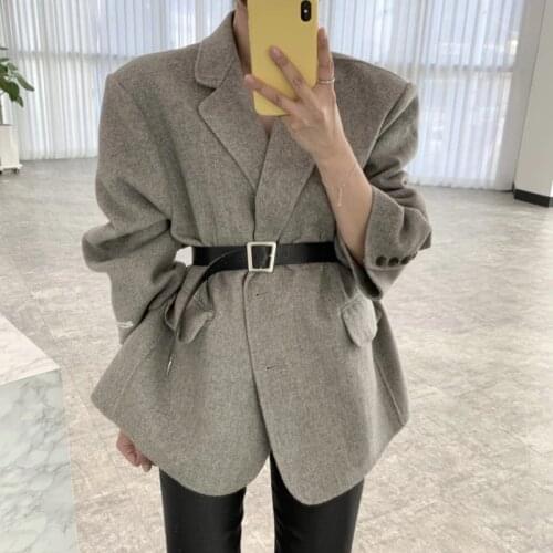 Elegant Thick Loose Female Woolen Blazer 2021 Autumn Winter Women Warm Suit Overcoat Ladies Belted Sashes Jackets