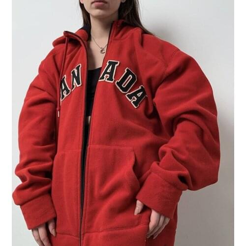 Letter Spliced Red Cardigan Women Sweatshirt Hoodie Autumn Winter New Thick Warm Y2K Streetwear Hip Hop Zipper Up Hooded Hoodies