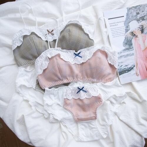 Wriufred Lattice lace thin bra panties suit summer girl without steel ring sweet bras breathable comfortable retro underwear set
