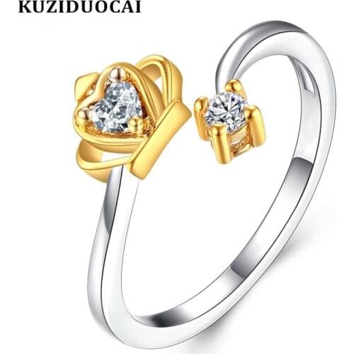 Kuziduocai 2019 New Fashion Jewelry Zircon Stainless Steel Adjustable Size Crown Love Heart Wedding Party Rings For Women R-96