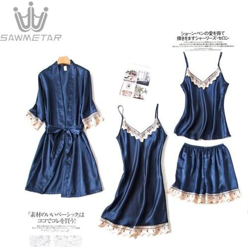 Summer Pajamas 4 Pieces Sets Women Silk Pyjamas Lady Satin Sleepwear Nightwear New Style Home Clothing Home Wear For Women