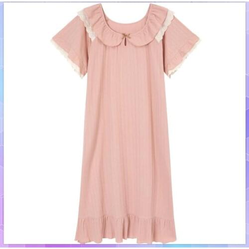 Summer Nightdress Lace SHORT Sleeve Mid Length Dress Home Clothes Womens Sexy Sleepshirts Cotton Sleepwear O Neck Nightgowns