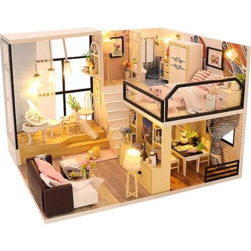 DIY Wooden Dollhouse Kit Miniature with Furniture Girls Modern Loft Casa Doll House Assembled Cottage Toys for Adults Xmas Gifts